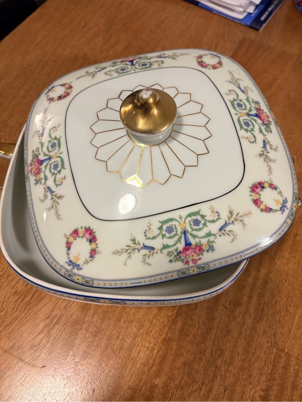 Porcelain Covered Serving Dish with Floral Motif and Gold Accents - White